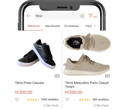 Imagem ilustra os anúncios de Busca de Produtos no aplicativo da Shopee Ads.