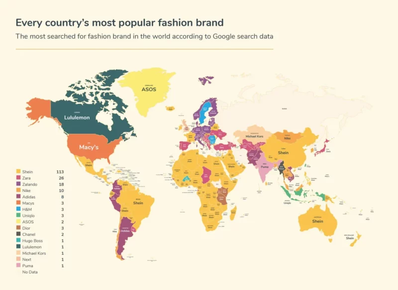 Mapa mundial de maiores marcas de modas no mundo, onde a Shein domina o mercado