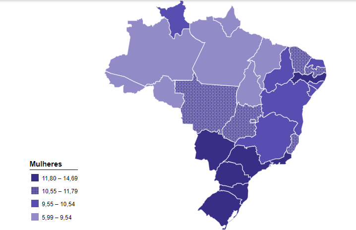 Mapa ilustrativo de cada estado brasileiro contendo a taxa de mortalidade ajustado do câncer de mama a cada 100 mil mulheres.