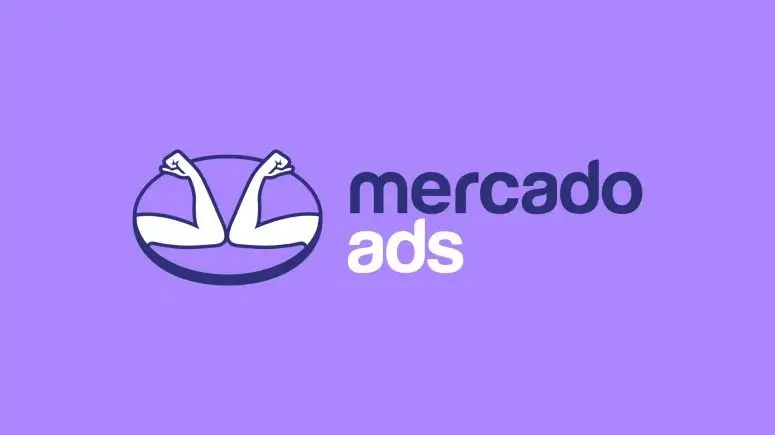 Imagem em fundo roxo com o logotipo do Mercado Livre Ads.