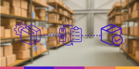 Imagem que simboliza o controle de estoque. Ao fundo, um estoque de e-commerce, à frente, elementos e logotipos que simbolizam processos logísticos.