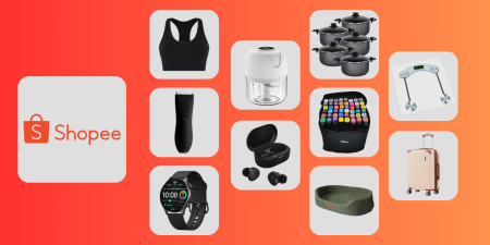 Imagem com fundo laranja exibindo produtos populares como top esportivo, smartwatch, fones de ouvido, conjunto de panelas, mala de viagem e balança digital, representando o tema “o que vender na Shopee”.